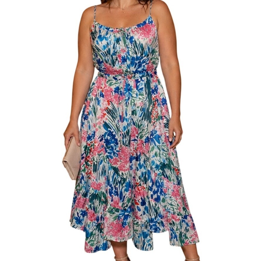 Johnny Was Women's Floral Printed Lovely Bohemian 100% Silk Midi Dress Sz Medium